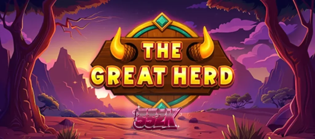 Tampilan layar permainan slot The Great Herd dengan latar belakang savana Afrika dan simbol-simbol hewan liar.